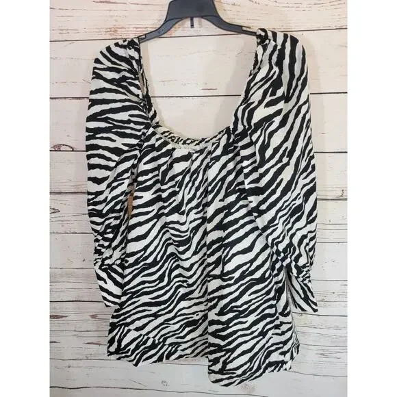 ZARA Poplin Long Sleeve Tunic Top Black Zebra Print Pockets Women's Size Large - Picture 2 of 13